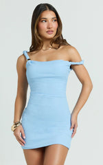 Jude Mini Dress - Twist Straps Tipped Shoulder Fitted Pointelle Jersey Dress in Blue