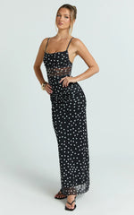 Gia Maxi Dress - Straight Neck Fitted Dress in Black White Spot
