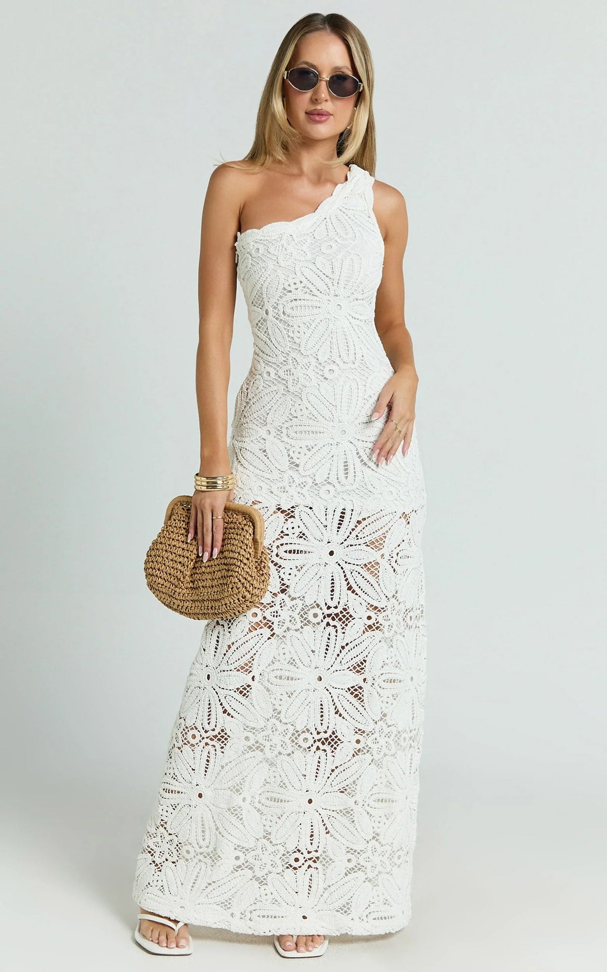 Charlene Maxi Dress - Crochet Knitted One Shoulder Maxi Dress in White
