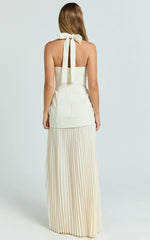 Loretta Maxi Dress - Contrast Halter Neck Pleated Dress in Pastel Yellow