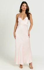 Lorenzia Maxi Dress - Plunge Corset Underbust Detail Satin Dress in Light Pink