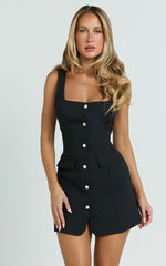Kenna Mini Dress - Square Neck Button Down Mini Dress in Black