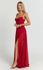 Kreanna Maxi Dress - Adjustable Strap Ruched Bodice Fit And Flare Dress in Red
