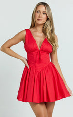 Madeline Mini Dress - V Neck Corset Waist Gathered Full Skirt Dress in Red