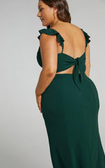 More Than This Maxi Dress - Ruffle Strap Thigh Split Dress in Emerald
