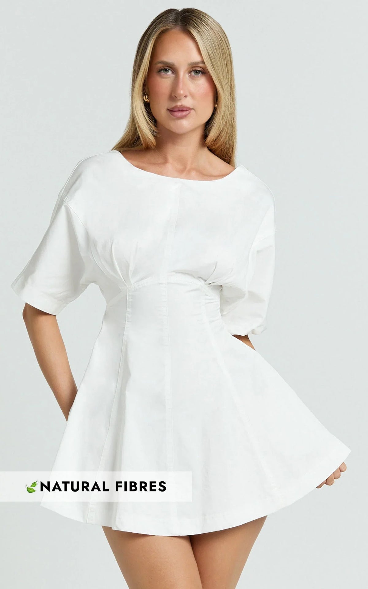 Dylan Mini Dress - High Boatneck Sleeved Fit And Flare Skirt Dress in White