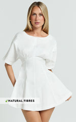Dylan Mini Dress - High Boatneck Sleeved Fit And Flare Skirt Dress in White