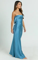 Charlita Maxi Dress - Strapless Cowl Back Satin Dress in Steel Blue