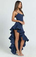 Maura Maxi Dress - Scoop Neckline Ruffle High Low Dress in Navy