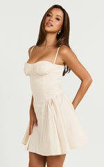 April Mini Dress - Sweetheart Wide Pleated Dress in Sand