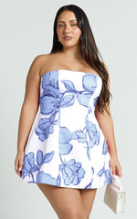 Catharine Mini Dress - Strapless A Line Dress in Blue Floral