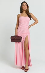 Cardi Maxi Dress - Ruched Mesh High Leg Split Dress in Pink