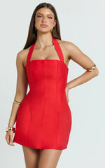 Lucie Mini Dress - Halter Neck Tulip Dress in Red
