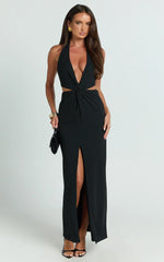 Rose Maxi Dress - Plunge Halter Front Split Dress in Black