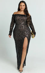 Alexandra Maxi Dress - Sequin Off Shoulder Leg Split Dress in Black
