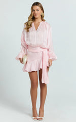 Carmela Mini Dress - Long Sleeve Tie Neck Ruffle Skirt Dress in Pink