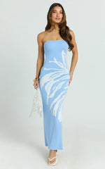 Rema Maxi Dress - Intarsia Floral Strapless Knitted Dress in Light Blue