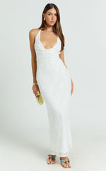 Janine Maxi Dress - Plunge Cowl Neck Backless Column Dress in Ivory