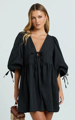Rosita Mini Dress - Tie Front Puff Sleeve Dress in Black