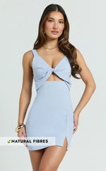 Finnley Mini Dress - Linen Twist Front Cut Out Dress in Baby Blue