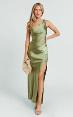 Isla Maxi Dress - Satin One Shoulder Side Split Dress in Olive