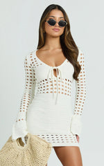 Karly Mini Dress - Crochet Knit Long Sleeve Dress in Ivory