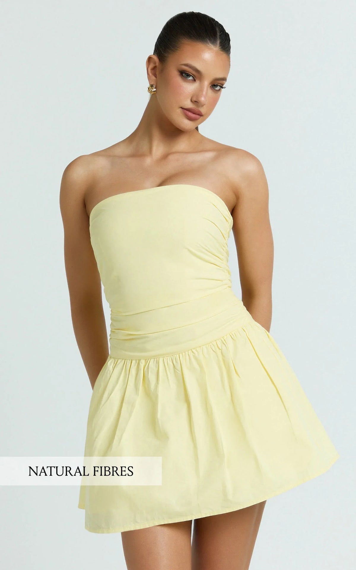 Donatella Mini Dress - Strapless Drop Waist Dress in Lemon