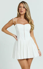Nicolette Mini Dress - Square Neck Strappy Tie Shoulder Drop Waist Pleated Skirt Dress in Off White