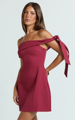 Cecilia Mini Dress - Off Shoulder Tie Detail Dress in Wine