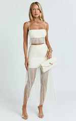 Evie Two Piece Top and Skirt Set - Fringed Micro Top And Tiered Fringed Mini Skirt in Ivory