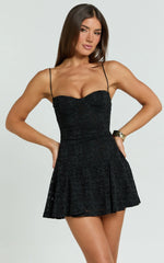 Michaela Mini Dress - Lace Sweetheart Neck Fit And Flare Dress in Black