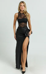 Reeves Maxi Dress - Contrast Lace High Neck Fitted Satin Dress in Black