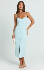 Anessa Midi Dress - Button Front Bustier Fitted Dress in Blue