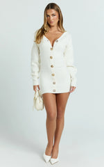 Demelza Mini Dress - Knit Button Down Blouson Cardigan Mini Dress in Cream