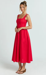 Khari Midi Dress - Linen Look Square A Line Dress in Red