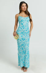 Robbie Maxi Dress - Strappy Scoop Neck Column Fitted Sequin Mesh Dress in Blue