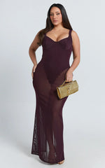 Laney Maxi Dress - Mesh Sweetheart Neck Bodycon Dress in Plum