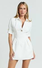 Helena Mini Dress - Packet Front Fitted Bodice Tulip Skirt Shirtdress in White