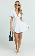 Lucy Mini Dress - Deep V Oversized  Collar Puff Sleeve A Line Dress in White