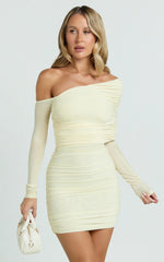Imelda Mini Dress - Tipped Off Shoulder Long Sleeve Ruched Fitted Skirt Dress in Lemon