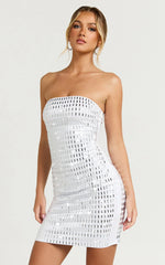 Joyce Mini Dress - Heat Press Strapless Dress in Silver