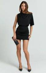 Indiana Mini Dress - High Cowl Neck Asymmetric Sleeve Fitted Skirt Dress in Black Midnight