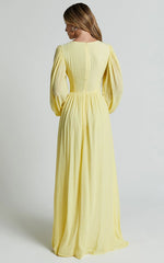 Paige Maxi Dress - Side Cut Out Balloon Sleeve Dress in Lemon