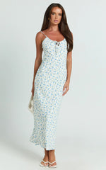 Owen Maxi Dress - Strappy Scoop Neck Tie Front Bias Skirt Dress in Blue Ditsy Floral