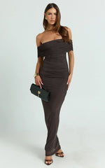 Caterina Maxi - Ruched Off Shoulder Mesh Dress in Chocolate