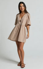 Rosita Mini Dress - Tie Front Puff Sleeve Dress in Caramel & White Gingham