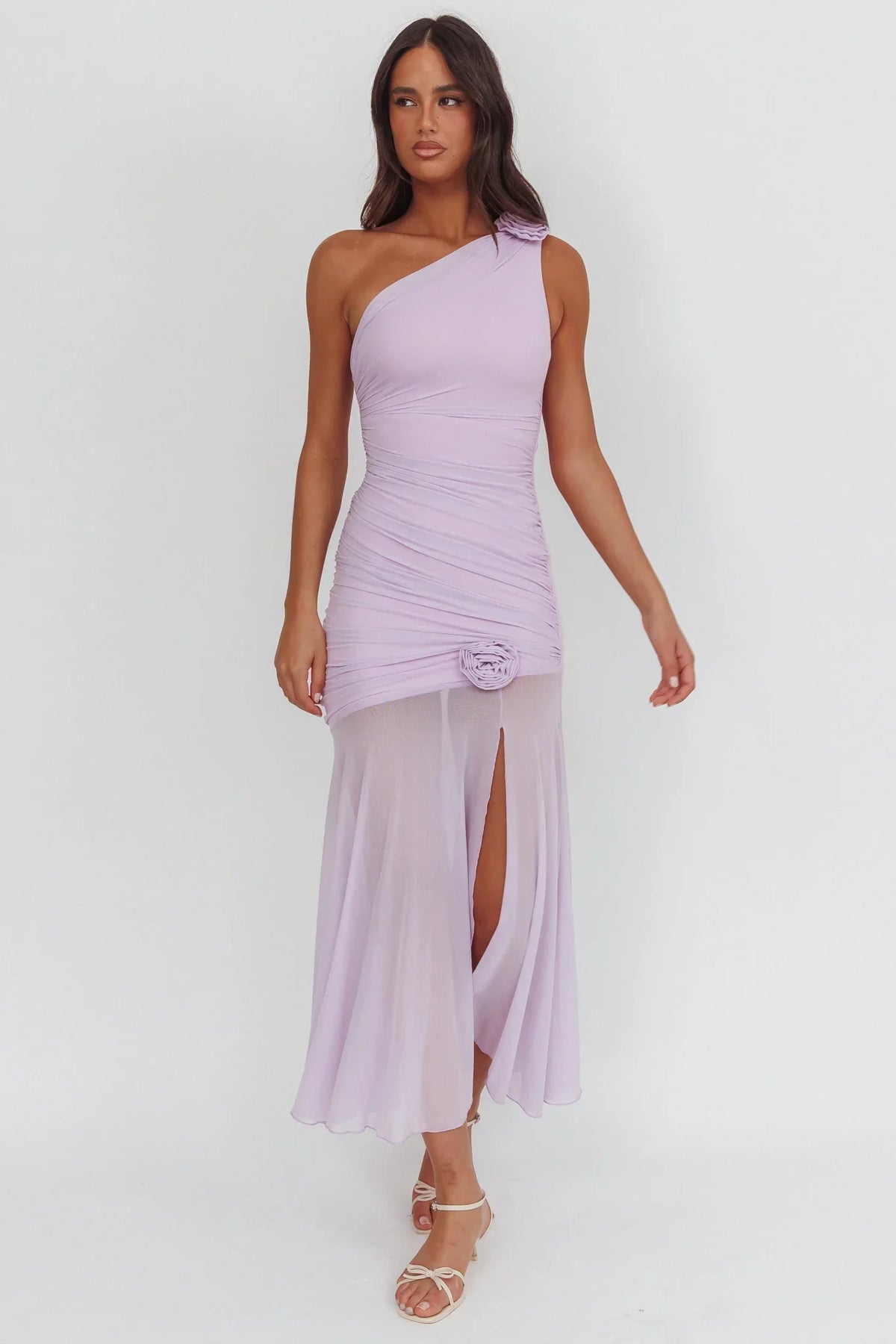 Lost Love One-Shoulder Sheer Hem Maxi Dress Lilac