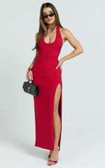 Ruby Maxi Dress - Halter Scoop Neck Low Back Bodycon Dress in Red