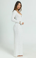Laine Maxi Dress - Sequin Lace Wide Scoop Neck Long Sleeve Column Dress in White