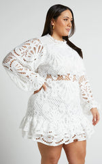 Kiss Me Now Mini Dress - Long Puff Sleeve Dress in White Lace